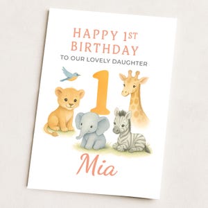Carte d'anniversaire personnalisée pour fille | fille, petite-fille, nièce | Thème animal safari dans la jungle | Nom personnalisé souvenir
