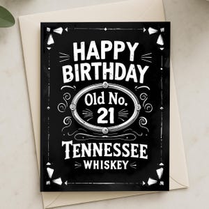 Cartão de aniversário de 21 anos, uísque do Tennessee, cartão engraçado de 21 anos, design preto desenhado à mão