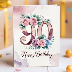 90e verjaardagskaart - elegant bloemdessin met blozende roze rozen en wervelend schrift - 90 jaar vieren
