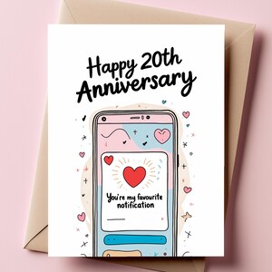 Cartão de 20º aniversário, design fofo de notificação de smartphone para esposa e marido