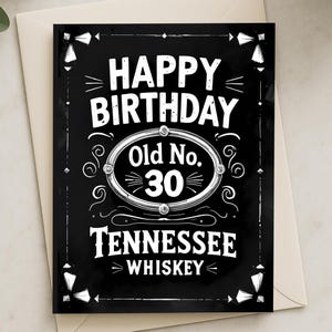 Cartão de aniversário de 30 anos, uísque do Tennessee, cartão engraçado de 30 anos, design preto desenhado à mão