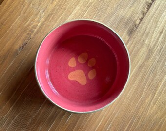 Dog Bowl for water, handmade, water bowl, pink with paw, for small dogs, ceramic bowl for dogs, size S