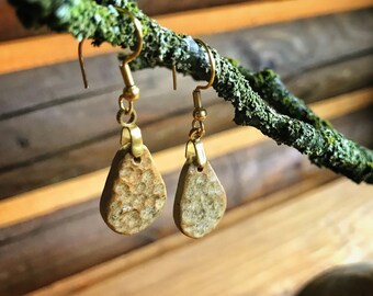 Earrings with handmade ceramic pendant, Brass gold plated, 18K gold plated, ceramic charm