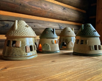 Handmade Lighthut, wheel thrown, ceramic lantern, lantern house, small house for tealights, handmade luminary, tealight holder