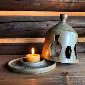 Handmade Luminary WHEATFIEL, lantern, ceramic lantern, candle holder, wheel thrown, stoneware, grey, high fire, handmade lantern, pottery image 1