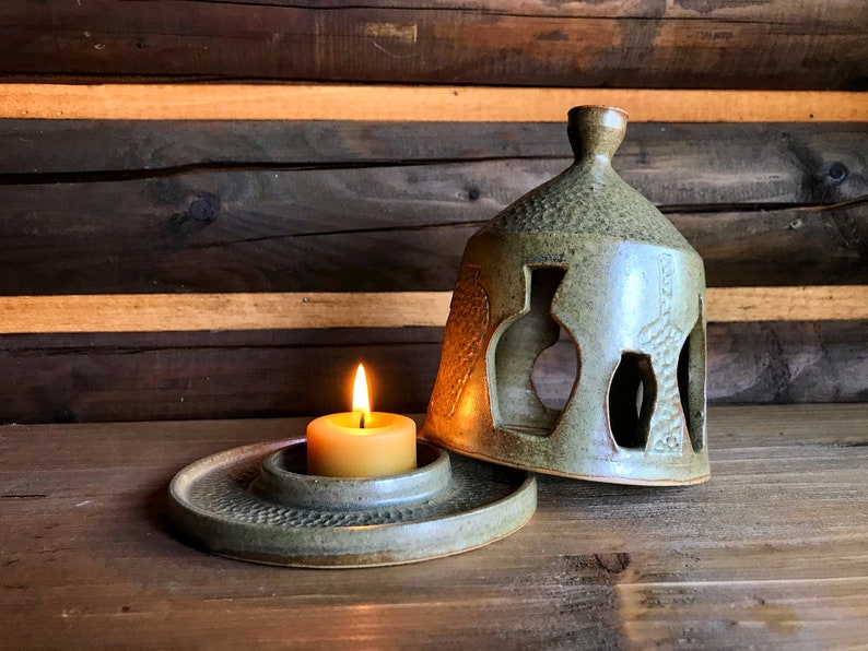 Handmade Luminary WHEATFIEL, lantern, ceramic lantern, candle holder, wheel thrown, stoneware, grey, high fire, handmade lantern, pottery image 1