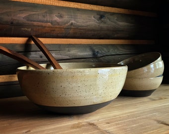 Handmade Salad Bowl SAND with 4 small bowls, 5 piece set, wheel thrown, bowl set, ceramic bowls, beige, brown, large bowl with small bowls