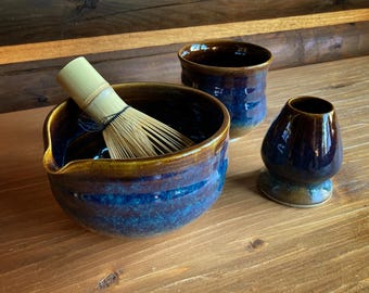 Handmade Matcha Set GALAXY, 4 pieces, wheel thrown, ceramic matcha bowl, ceramic cup, tea mug, Matcha mug, matcha broom holder