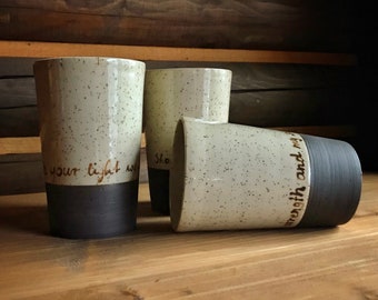 Handmade Cup SAND with Bible vers, wheel thrown, stoneware, ceramic cup, spottet clay, high fire, ceramic art, bible vers cup