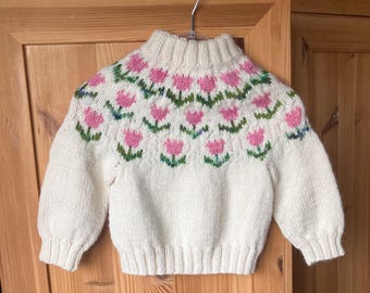 Tulip Sweater - easy, colorful knitting pattern in Dutch and English. For ages 1, 2, 3/4, and 5/6.