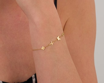 Bracelet initial personnalisé en or 14 carats avec symboles, bijoux initiales de bracelet lettre, bracelet initial, cadeaux de fête des mères, cadeau pour elle