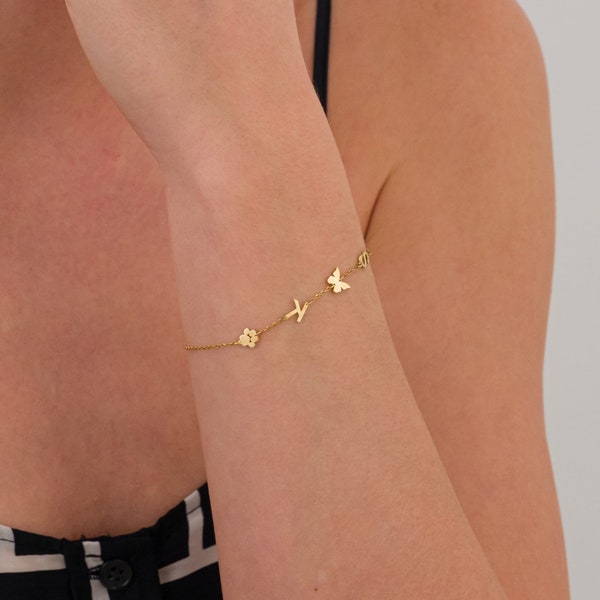 Pulsera inicial personalizada de oro de 14K con símbolos, joyería de iniciales de pulsera de letras, pulsera inicial, regalos del Día de las Madres, regalo para ella