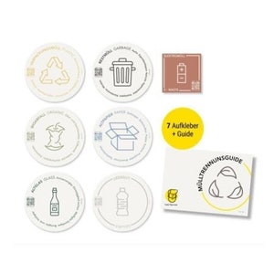 Frank Papierman | *NIEUW* 7 stickers voor afvalscheiding | zelfklevend | ca. 9,5 cm | Vuilnisbakstickers in het Duits en Engels QR-code + handleiding