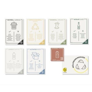 Frank Paperman | 7 pegatinas para separar residuos | Autoadhesivas | DIN A6 10,5 cm x 14,8 cm | Pegatinas para cubos de basura en alemán e inglés con código QR