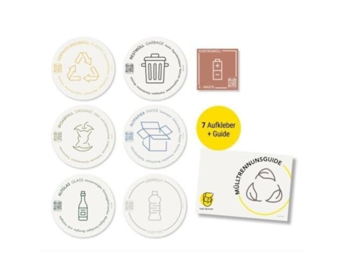 Frank Paperman | 7 stickers waste separation | self-adhesive | round | 9.5 cm | garbage can stickers in German & English QR code + guide