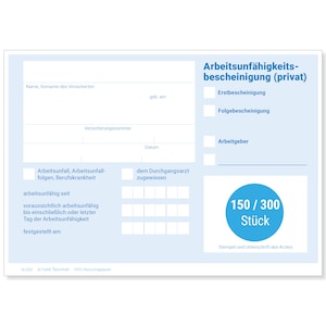 Frank Paperman | Attest block Krankschreibungen | 150 o. 300 Blätter | ungeblockt | Vordruck Arbeitsunfähigkeitsbescheinigung DIN-A6-Format
