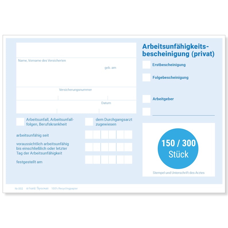 Incopacity Form Frank Paperman | Certificate Block Sick Notes | 150 or 300 Sheets ...