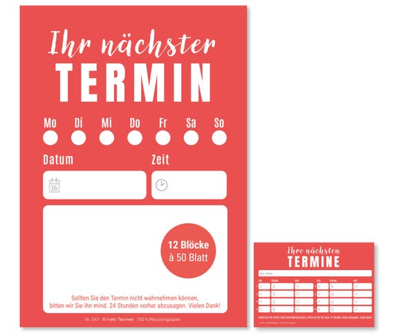 Frank Paperman | 600x Terminzettel Praxis | 12 × Terminblock à 50 Blatt | 1 Termin pro Zettel | für Ärzte, Heilpraktiker, Studios, Praxen