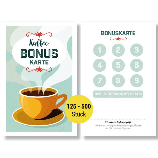 Frank Paperman | 125 oder 200 oder 500 | Bonuskarten Kaffee für Kunden | 10er Kaffee Treuekarten zum Abstempeln | Kaffee stempel karte