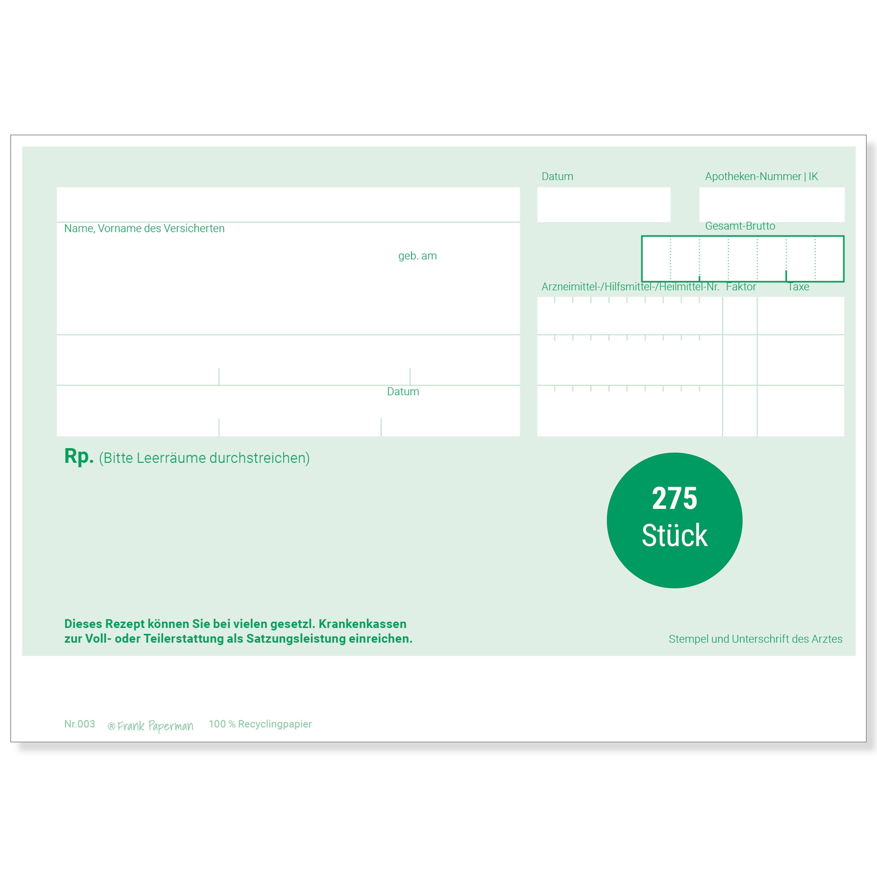 Frank Paperman | prescription pad private prescription green | 275 sheets | unblocked prescription pad | DIN-A6 format | doctor accessories