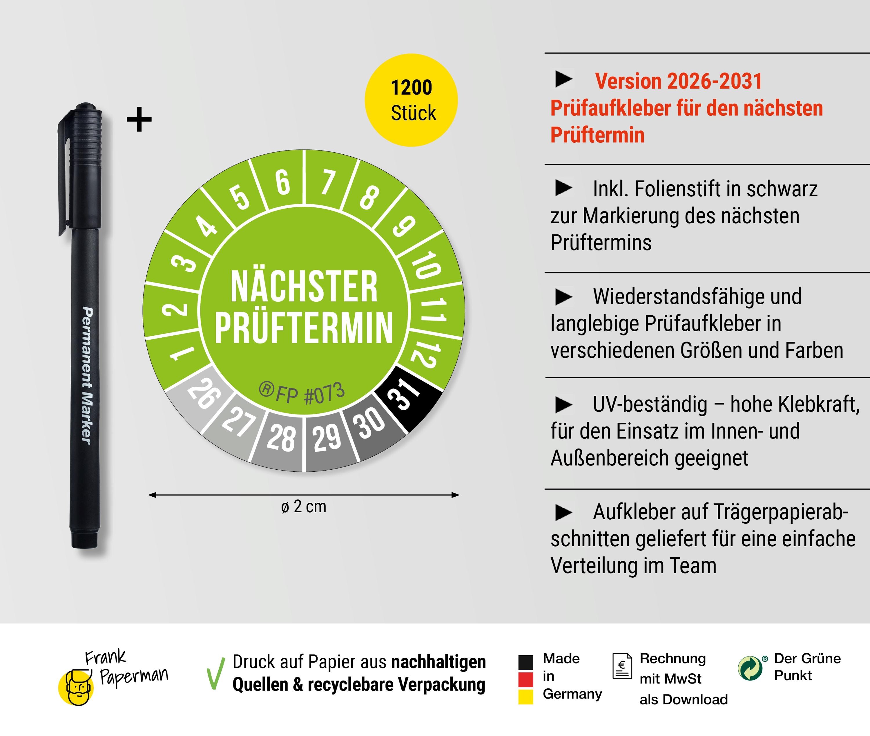 Produktbild von Nächster Prüftermin Prüfplakette – 100 Stück, 20 Mm, Grün – Für Wartung & Inspektion, Wetterfest, -40 Bis +80 °C