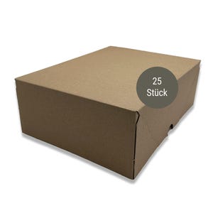 Pode incluir: Uma caixa de cartão castanha com formato retangular. Um autocolante circular na caixa diz "25 Stück". A caixa é feita de cartão canelado e tem um design simples e limpo.