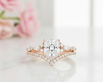 Bague de fiançailles en moissanite taille coussin • Alliance en or 14 carats avec diamants en forme de V • Parure de bagues de mariée vintage • Bijoux de proposition faits main