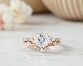 Bague de fiançailles en moissanite taille coussin en or 14 carats • Bague accent de diamants inspiré de la nature • Bague de mariée feuille florale • Bague de proposition faite main
