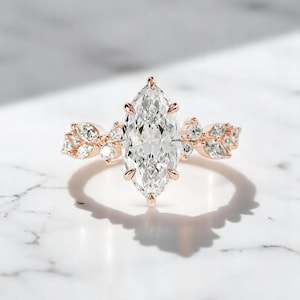 Unique Nature-Inspired Marquise Lab Grown Diamond Ring|Vintage Floral Wedding Ring |Botanical Leaf Ring |Diamond Alternative Engagement Ring