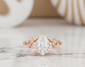 Pear Shaped Moissanite Engagement Ring – 14K Gold Leaf Vine Ring – Nature Inspired Bridal Jewelry – Teardrop Diamond Ring for Her