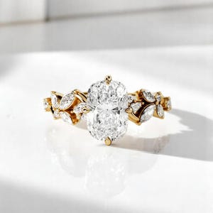 Cushion Cut Lab Grown Diamond Engagement Ring | Floral Marquise & Round Diamond Accents |Antique Style Wedding Ring |Gold Unique Bridal Ring