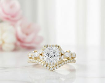 Bague de fiançailles en diamants taille princesse - Bague de mariée halo caché avec anneau de diamants ronds - Alliance de luxe - Cadeau pour elle