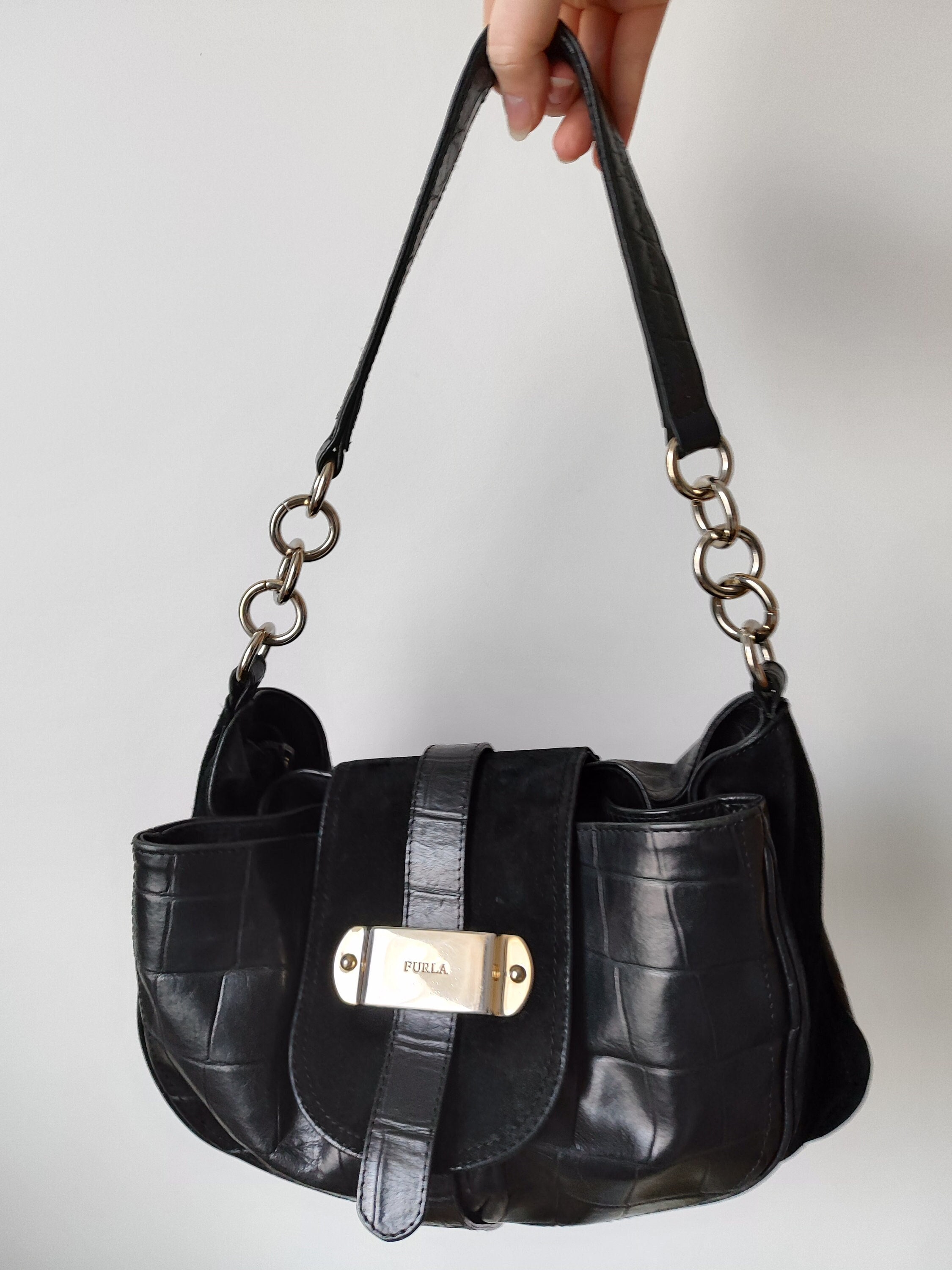 Vintage Furla Black Croc Embossed Leather and Suede Shoulder Bag