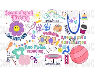 May include: A colourful illustration of various tools and activities used in occupational therapy. The illustration includes a rainbow, a sun, a flower, a handprint, a paint palette, a swing, a stacking toy, a cup of coffee, a hairbrush, a toothbrush, a pair of scissors, a trampoline, a ball, a puzzle, and the words "Occupational Therapy", "Play, Learn, Grow", "Fine Motor Promoter", "Handwriting", "Pediatric", "Sensory", "Regulation before Expectation", and "Proprioceptive".