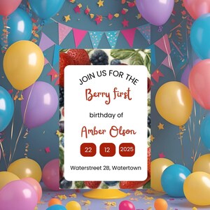 Berry first birthday invitation template, first birthday template, canva strawberry invite template, berry first invitation for birthday