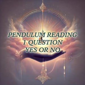 Puede incluir: Una ilustración digital de un péndulo balanceándose sobre una mano con un fondo dorado. El texto "PENDULUM READING 1 QUESTION YES OR NO" se muestra en la imagen.