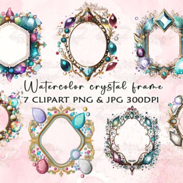 Watercolor Crystal Frame Clipart, Crystal Frames, Frame Clipart, Floral Frame Clipart, Instant Download for Commercial Use