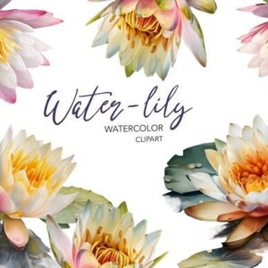 Watercolor Water Lily Clipart, Water Lily Flower, Flower Clipart, Spring Clipart, Instant Download