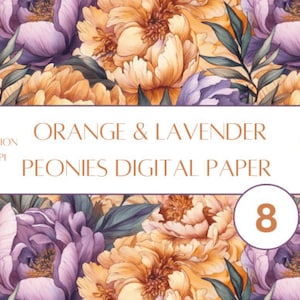 Orange & Lavender Peonies Digital Paper, Seamless Floral Digital Paper, Printable Digital Paper, Instant Download for Commercial Use