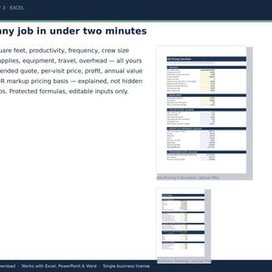 May include: A digital job pricing calculator spreadsheet template for Excel. The document features sections for inputs like square feet, productivity, and crew size, with calculated fields for labor, supplies, and quotes. It includes a business settings tab.