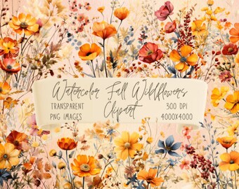 Aquarelle Automne WildFlower Clipart, Fleurs sauvages d’automne, 10 Fleurs sauvages PNG, Clipart floral, Fleurs d’automne, Fleurs png, Téléchargement instantané