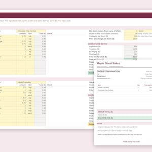 May include: A digital spreadsheet template titled RECIPES featuring ingredient lists for Chocolate Chip Cookies and Vanilla Cupcakes, alongside a Maple Street Bakes order confirmation document showing item quantities, prices, and a balance due.