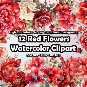 12 flores rojas acuarela clipart PNG, imágenes prediseñadas florales, flores rojas PNG, acuarela floral, imágenes prediseñadas de boda, descarga instantánea