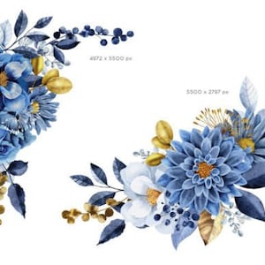 Navy Blue Flower and Gold Watercolor bouquets, Watercolor Florals, Commercial  Use, Instant Download