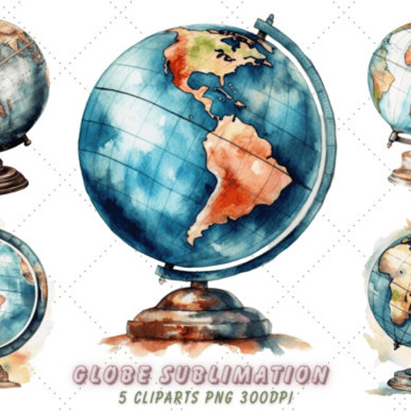 Retro Globe Watercolor Clipart, Watercolor Globes, Globe Clipart, Instant Download