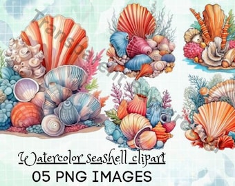 Imágenes Prediseñadas de conchas marinas de acuarela, conchas de colores, imágenes prediseñadas de mar oceánico, imágenes prediseñadas de playa de verano, paquete de imágenes prediseñadas de acuarela, descarga instantánea