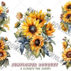Watercolor Sunflower Bouquet Clipart, 05pc PNG Bundle, Rustic Wedding, Floral Bouquet, Summer Flowers, Sunflower PNG, Instant Download