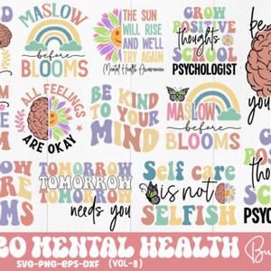 Könnte beinhalten: Ein Set mit 12 digitalen Designs im Retro-Stil mit Affirmationen und Slogans zur psychischen Gesundheit. Die Designs zeigen einen Regenbogen, ein Gehirn und Blumen in einer Pastellfarbpalette. Der Text enthält Sätze wie "Sei freundlich zu deinem Geist", "Lass positive Gedanken wachsen" und "Maslow vor dem Blühen".