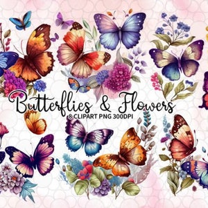 Retro Butterflies and Flowers Watercolor Clipart, Watercolor Spring Flower Clipart, Purple Floral Background, Instant Download