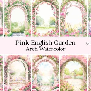 Pink English Garden Arch Frame Watercolor Clipart, Floral Clipart, Instant Download for Commercial Use